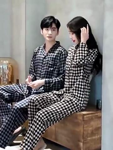 Couple's Ice Silk Pajama Set Spring Summer Fall Korean Style Lightweight Long Sleeve Top and Pants Men's Plus Size Loungewear