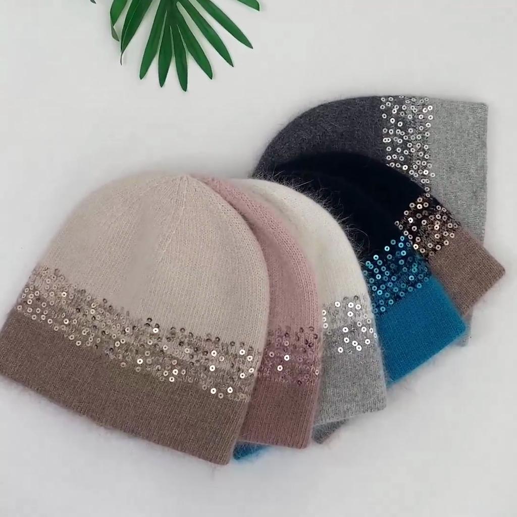 SOMALER Winter Hats for Women Warm Angora Wool Knitted Hat Fashion Sequin Beanie Hat Thick Long Rabbit Fur Hair  Skull Cap Bonnet