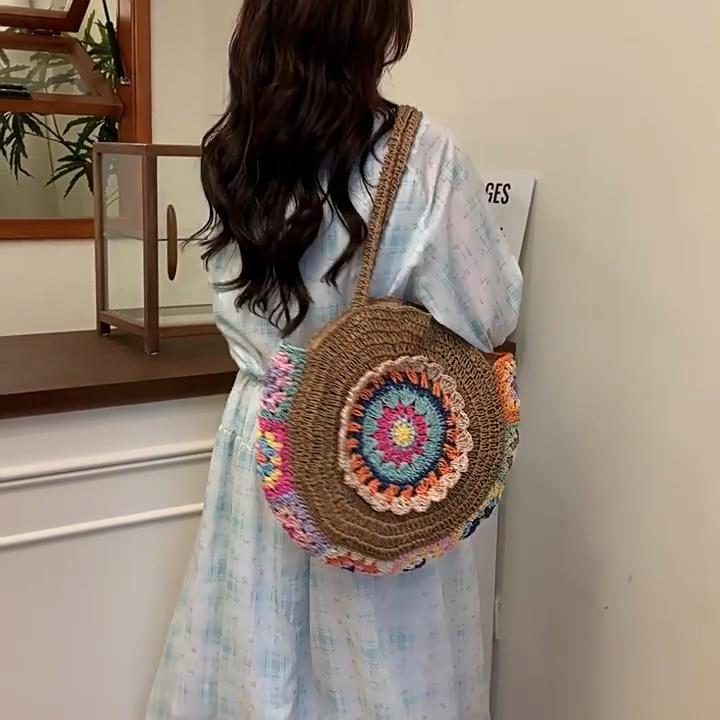 Kadın Moda Dokuma El Çantası Yuvarlak Hasır Dokuma Tote Çanta Tatil Omuz Çantası Büyük Kapasiteli Etnik Stil Seyahat Tatil için