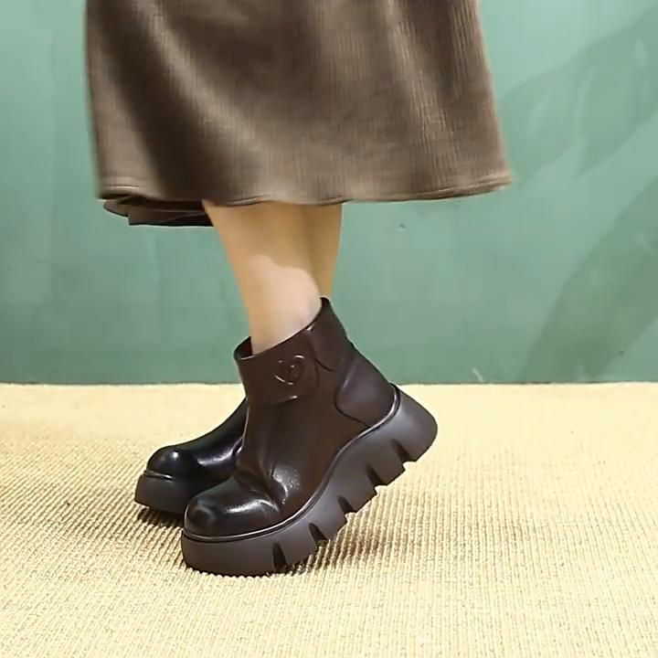 Johnature Warm Plush Women's Cotton Boots Retro Commuter Versatile Round Toe Thick Soled Ankle Boots