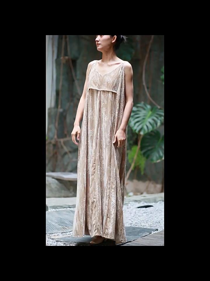Johnature Woman Spring Fashion Chinese Style Print Casual Dress Solid Color Niche Sleeveless V-neck Vintage Dress