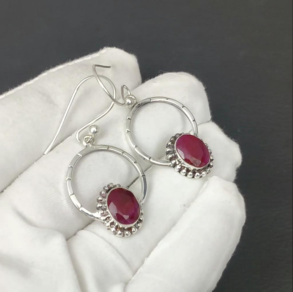 Natural Kashmir Ruby Gemstone Earrings, 925 Sterling Silver Earring, Handmade Boho Silver Jewelry Dangle Earrings, Birthday Gift For Wife