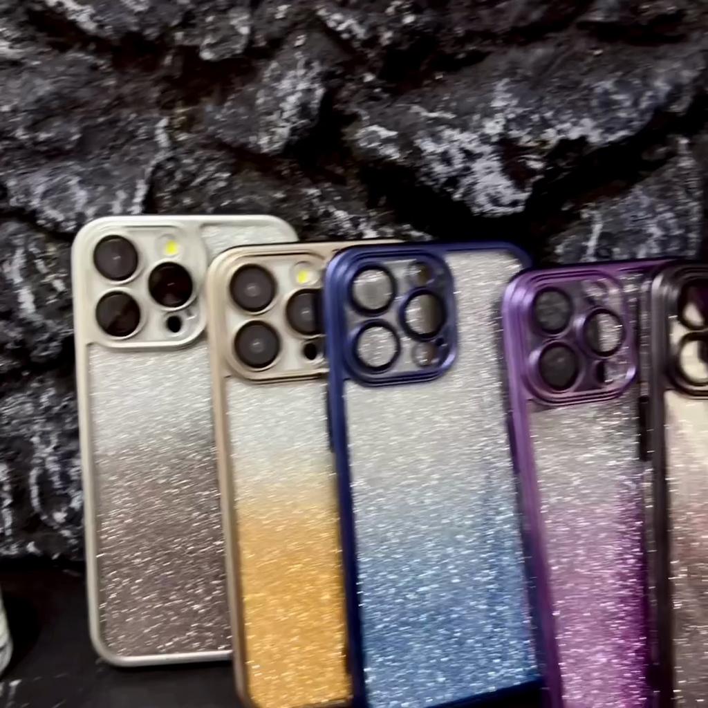 Luxury 6D Electroplated Matte Gradient Glitter Case with Lens Film for iPhone 15 Pro Max 14 Plus 13 12 11 Pro All-Inclusive Fall Protection Cover
