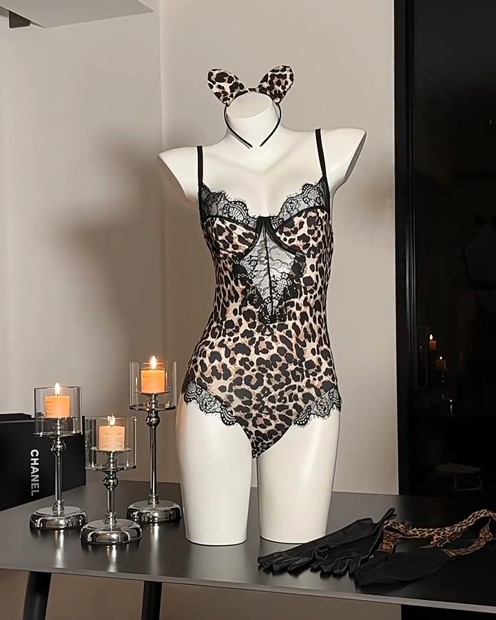 Sexy Underwear Pure Desire Lace Perspective Leopard Girl Seduction Sexy Conjoined Explosion Pajamas