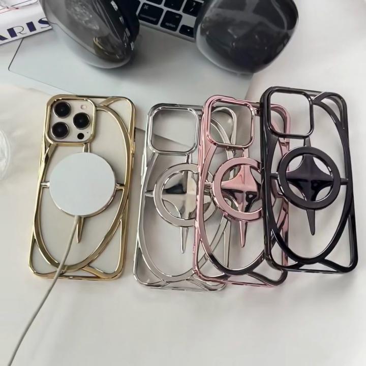 Luxury Plating Hollow Out Star Wireless Charging Magnetic For Magsafe Case For iPhone 16 15 14 Plus 13 12 11 Pro Max Slim Cover