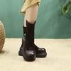 Johnature Retro Solid Color Mid-calf Boots Genuine Leather Comfortable Thick Soled Versatile Women's Shoes
