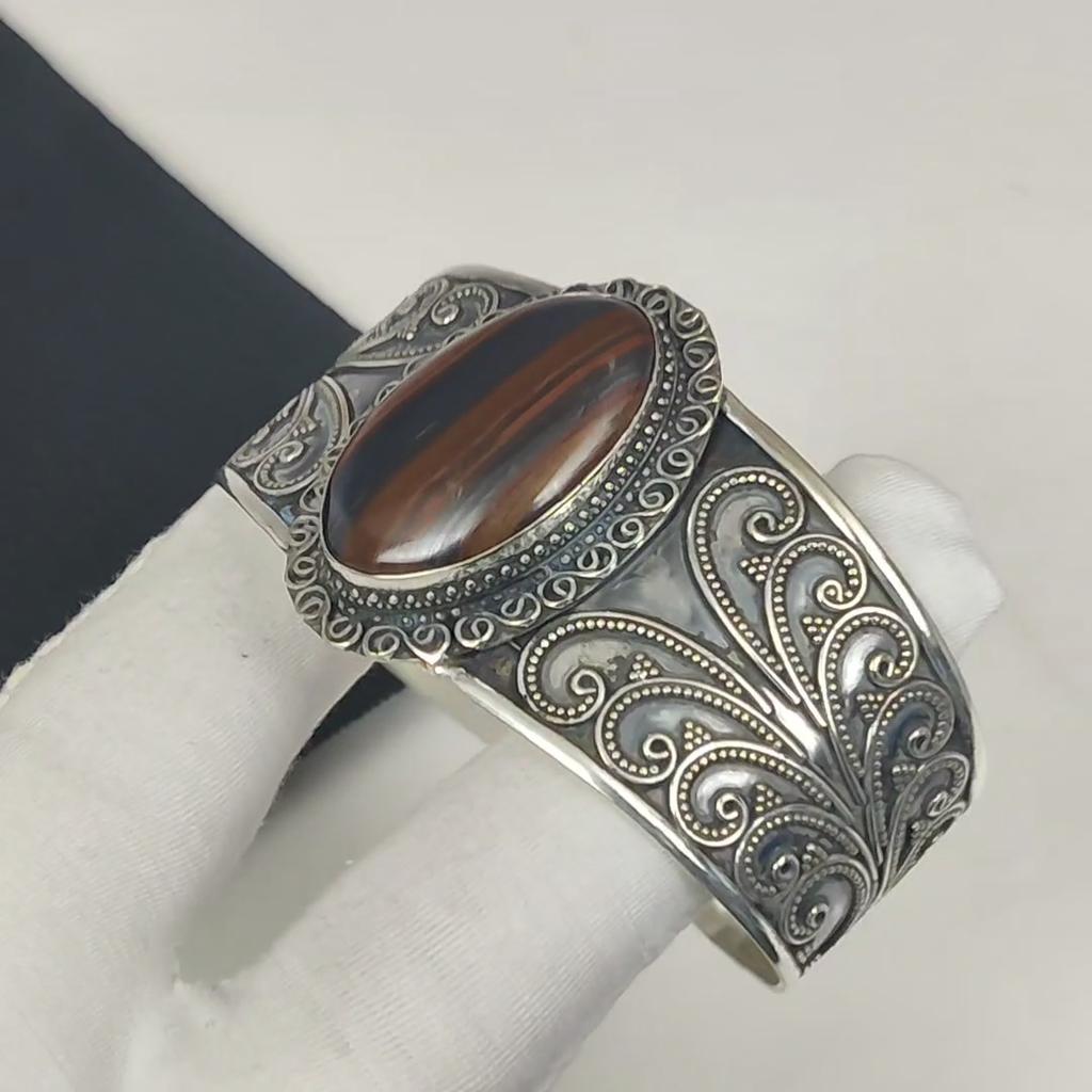 Natural Iron Tiger Eye Gemstone Handmade 925 Sterling Silver Cuff Bangle, Iron Tiger Eye Bangle,For Wife, Unisex Bangle, Wadding GIfts