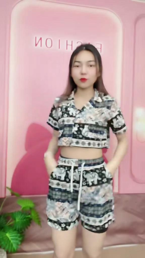 Elephant Pants Shorts Shirt Set V-neck Crop Top Collar Short Sleeve Adjustable Elastic Waistband Strap Women Print Casual Beach Bohemian Retro Vintage