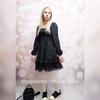 Japanese Lolita Style Women Princess Black Mini Dress Slash Neck High Waist Gothic Punk Halloween Dress Puff Sleeve Lace Ruffles Cosplay Party Dress
