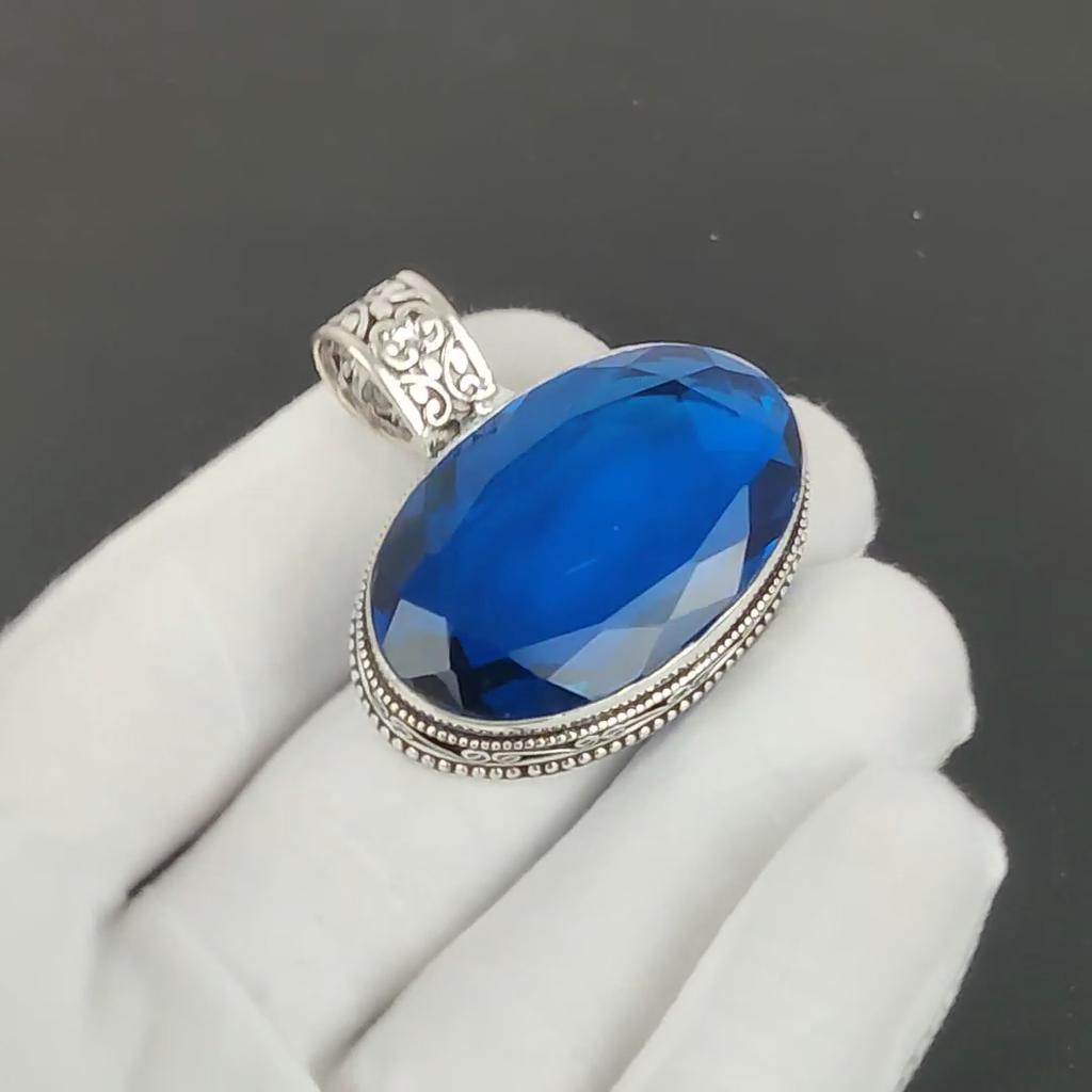 Blue Sapphire Pendant, 925 Sterling Silver Handmade Jewelry, Sapphire Silver Pendant, Party Wear Jewelry For Women's, Pendant New Year Gift