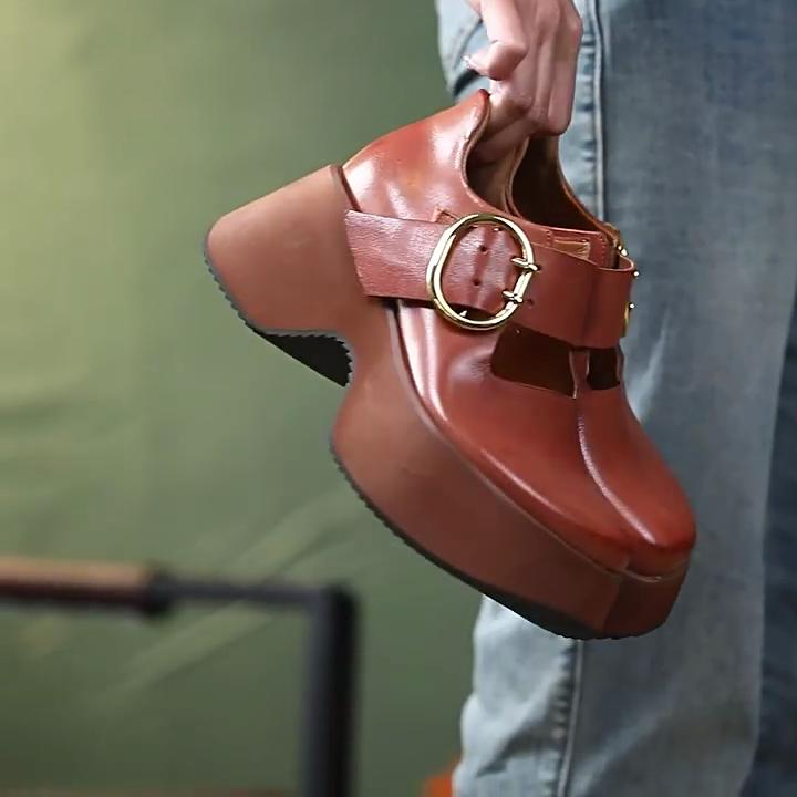 Johnature Genuine Leather Thick Soled Shoes Retro Versatile Buckle Strap Thick High Heels Women's Shoes