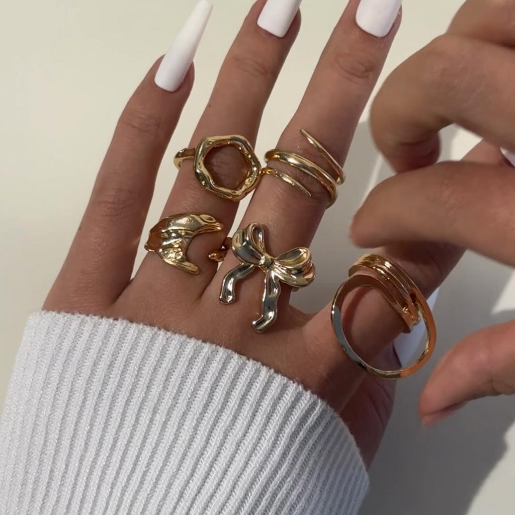 Fashion Creative Bow, Moon Geometry, Heavy Metal Ring, Personalized Irregular Six Piece Ring Set, Women's Jewelry Set