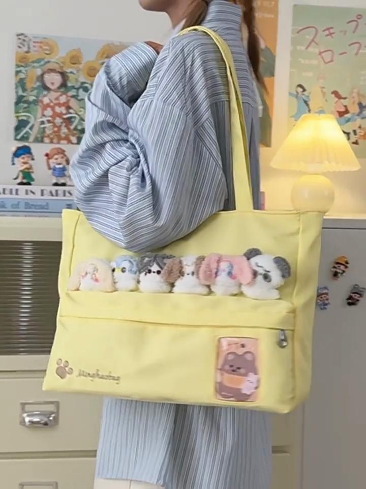 Cute Cat Paw Letter Embroidery Large Capacity Women Casual Canvastote Bag For Daily Use