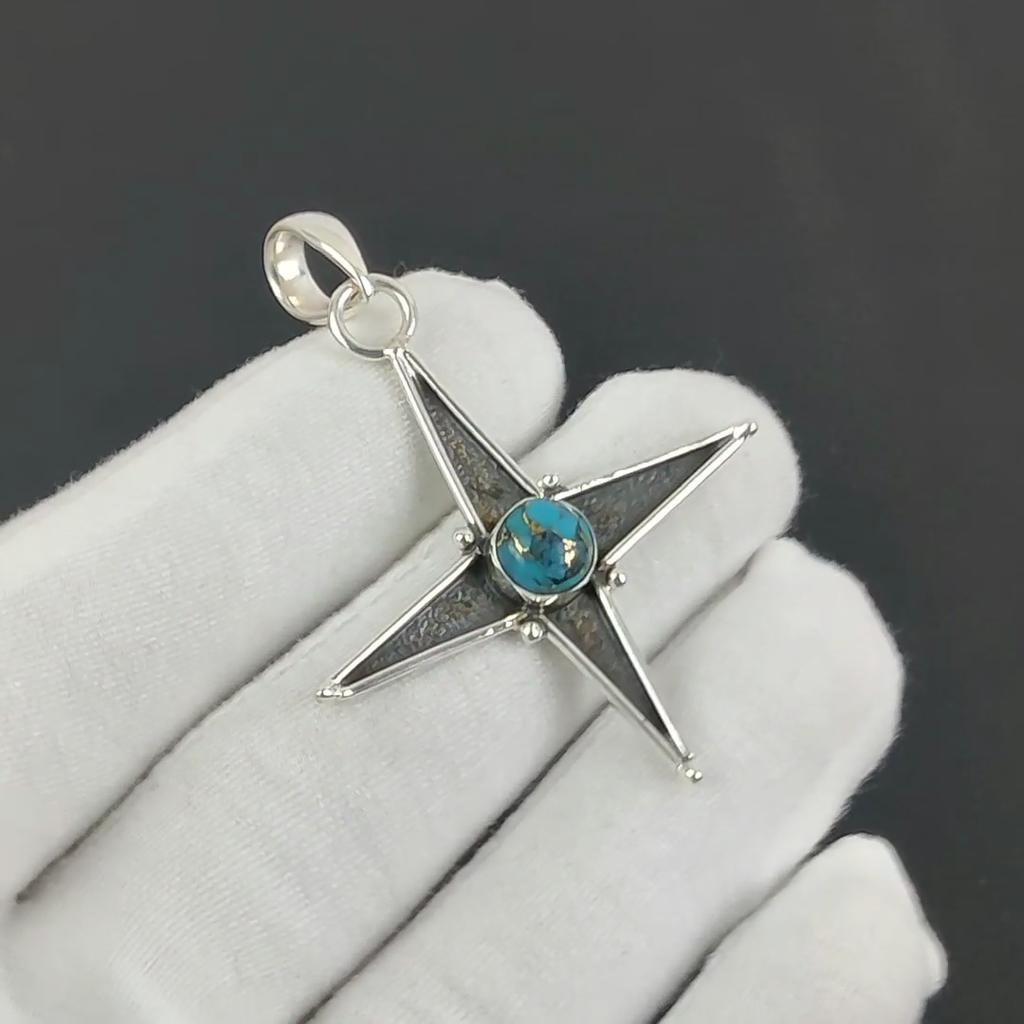 Blue Copper Turquoise Gemstone Silver Pendant In 925 Sterling Silver - Handmade Star Design, Everyday Wear Jewelry, Unique Designs Pendant Gift