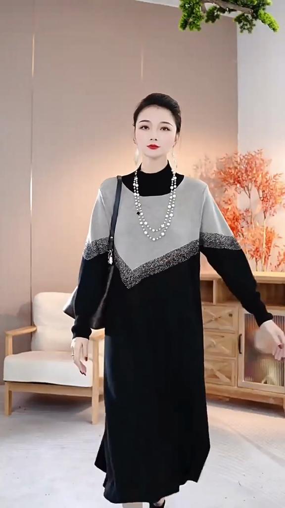 Johnature Woman Winter Fashion Vintage Contrast Splicing Knit Dress Chinese Style Casual Retro Long Sleeves Dress