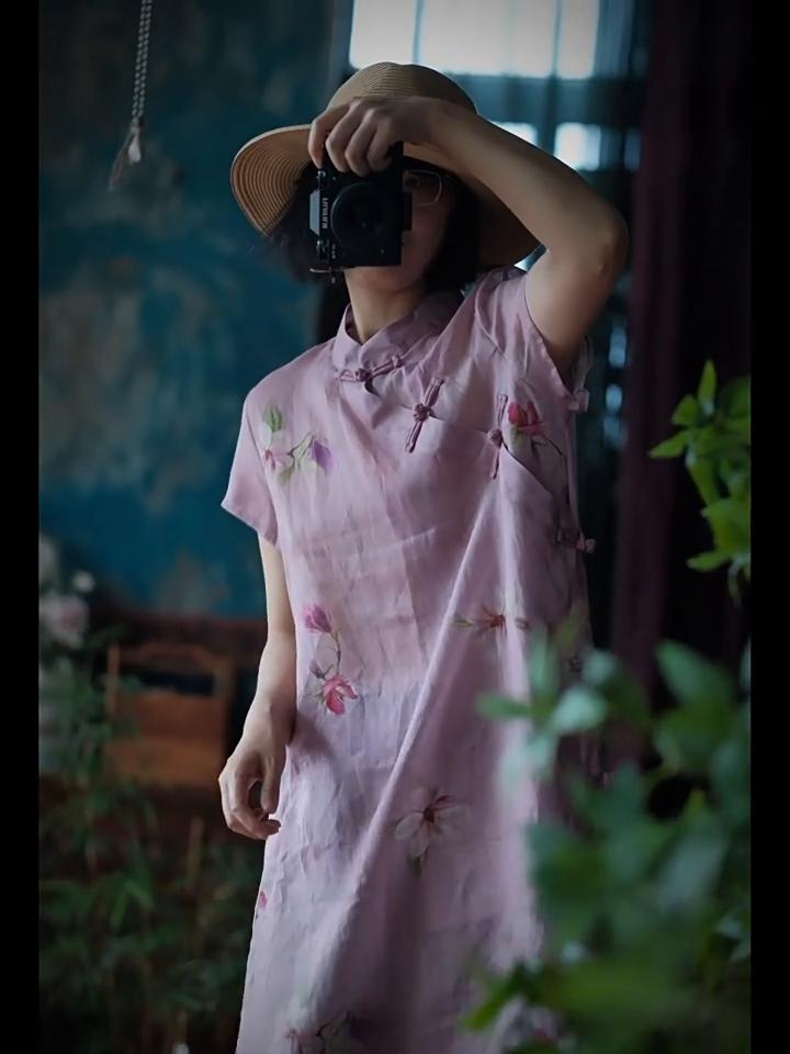 Johnature Women Vintage Print Floral Dress Stand Short Sleeve Summer Button A-Line Chinese Style Dress