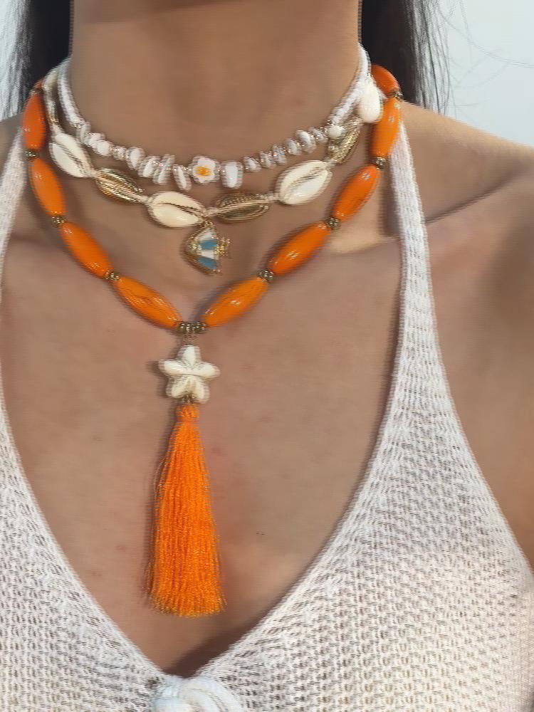 Sommer Neuer Strandurlaubsstil Ei Blume Muschel Seestern Anhänger Quaste Halskette Damen Schmuck Böhmischer Stil Anhänger Dreiteiliges Set Halskette