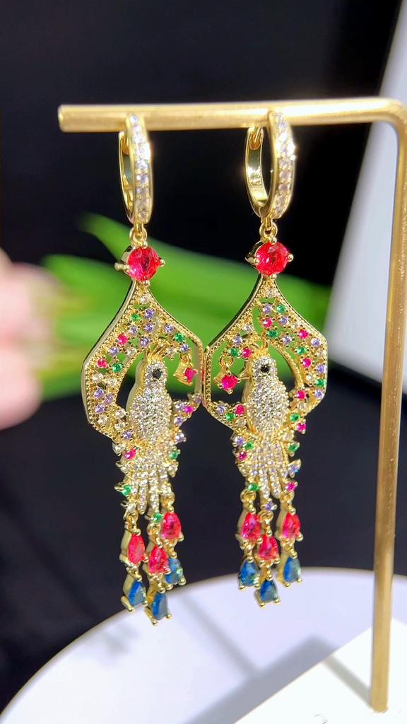CMM Vintage Hoop with Multicolor Animal Phoenix Pendant Cubic Zircon Long Tassel Party Dangle Earrings for Women Bohemian Jewelry
