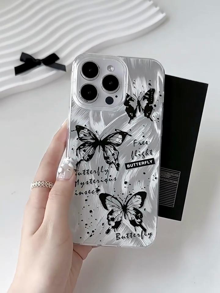Large Hole Transparent Phone Case Compatible and Suitable for iPhone15 14 13 12 11promax xsmax xr 7 8plusSE Elegant Black Butterfly