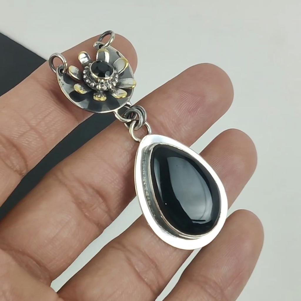 Natural Black Onyx Gemstone Pendant 925 Sterling Silver- Handmade Design, Everyday Wear Jewelry, Unique Black Spinel Pendant Mother's Day Gifts