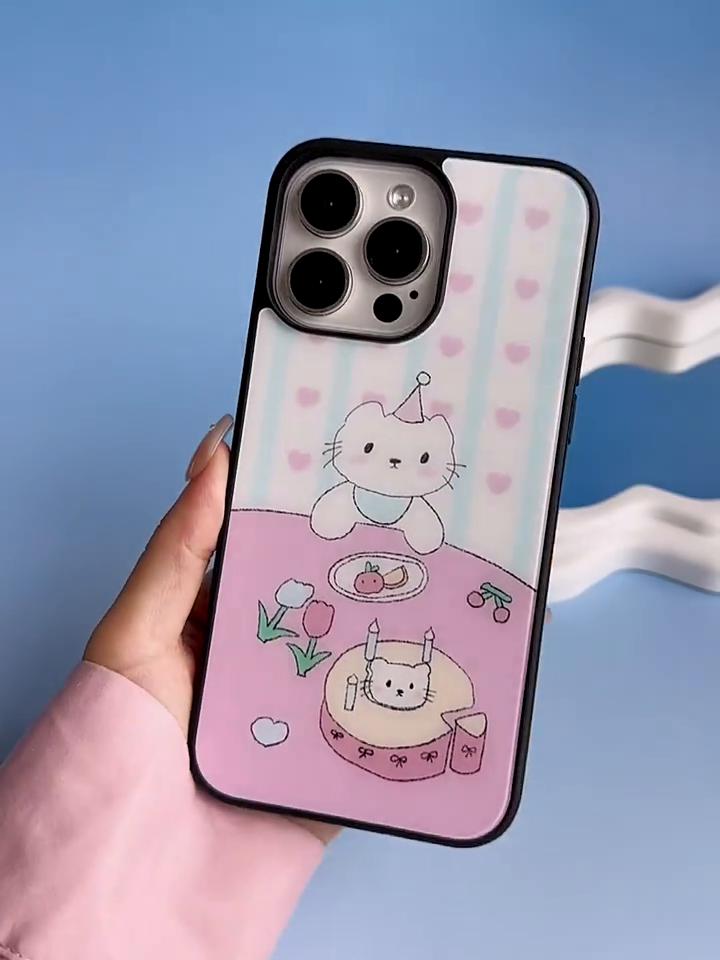 iPhone 16 15 14 Case Frosted Black Edge Compatible and Fits 13/12promax  Birthday Kitten