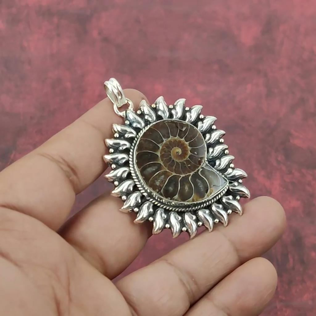 Ammonite Fossil 925 Solid Sterling Silver Pendant, Handmade Gemstone Jewelry Pendant For Memorial Day