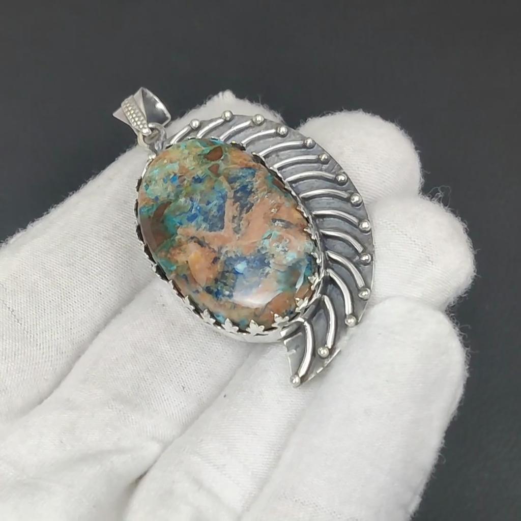 Natural Azurite Malacite Gemstone Silver Pendant In 925 Sterling Silver- Handmade Design, Everyday Wear Jewelry, Unique Pendant Birthday Gift