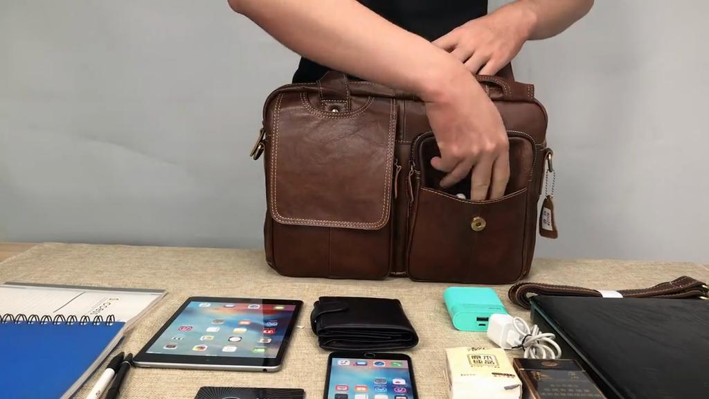 Fashion European and American Retro Style Men's Shoulder Bag Top-Grain Leather Business Briefcase Multi-Pocket Genuine Leather Men's Crossbody Bag