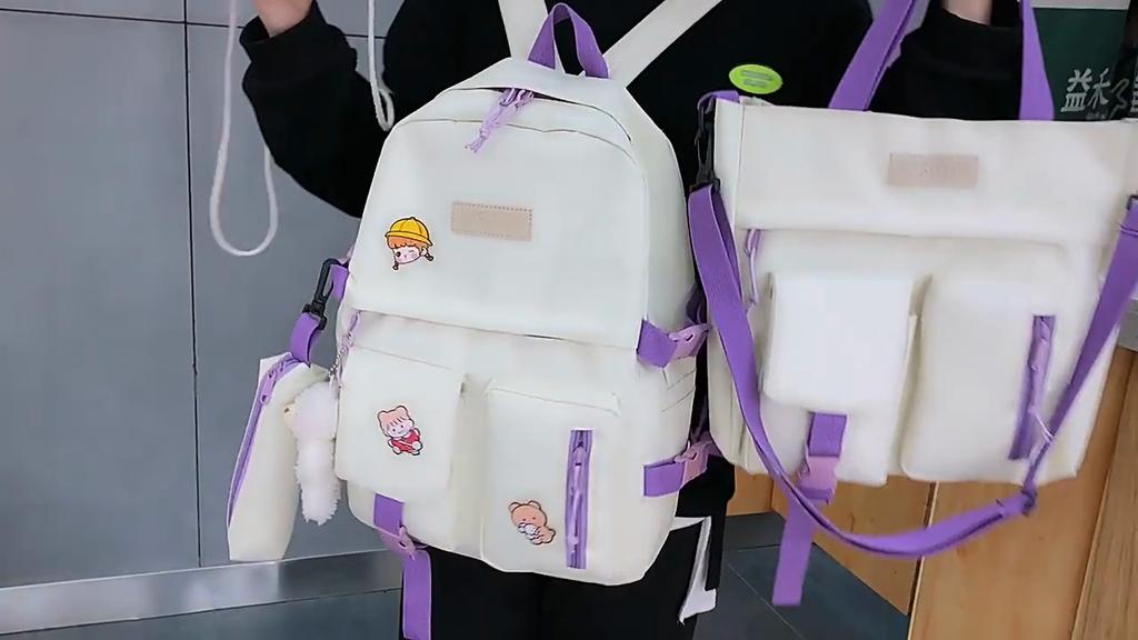 Backpack Female College Student Backpack 5-piece Set Contrast Color Canvas Campus Junior High School Student School Bag