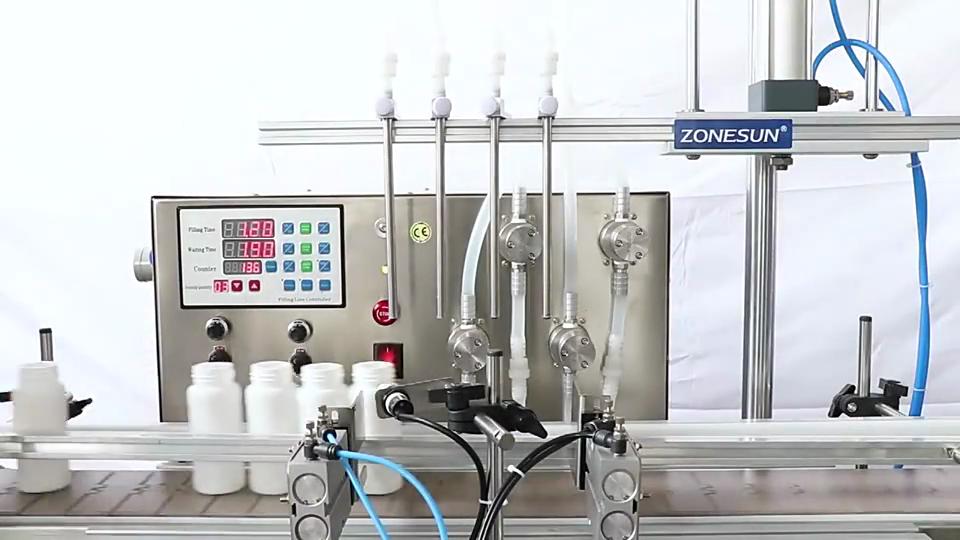 ZONESUN ZS-DTMP4AL Benchtop Automatic Four Injectable Heads Foamy Soap Liquid Essential Oil Drink Juice Bottle Filling Machine