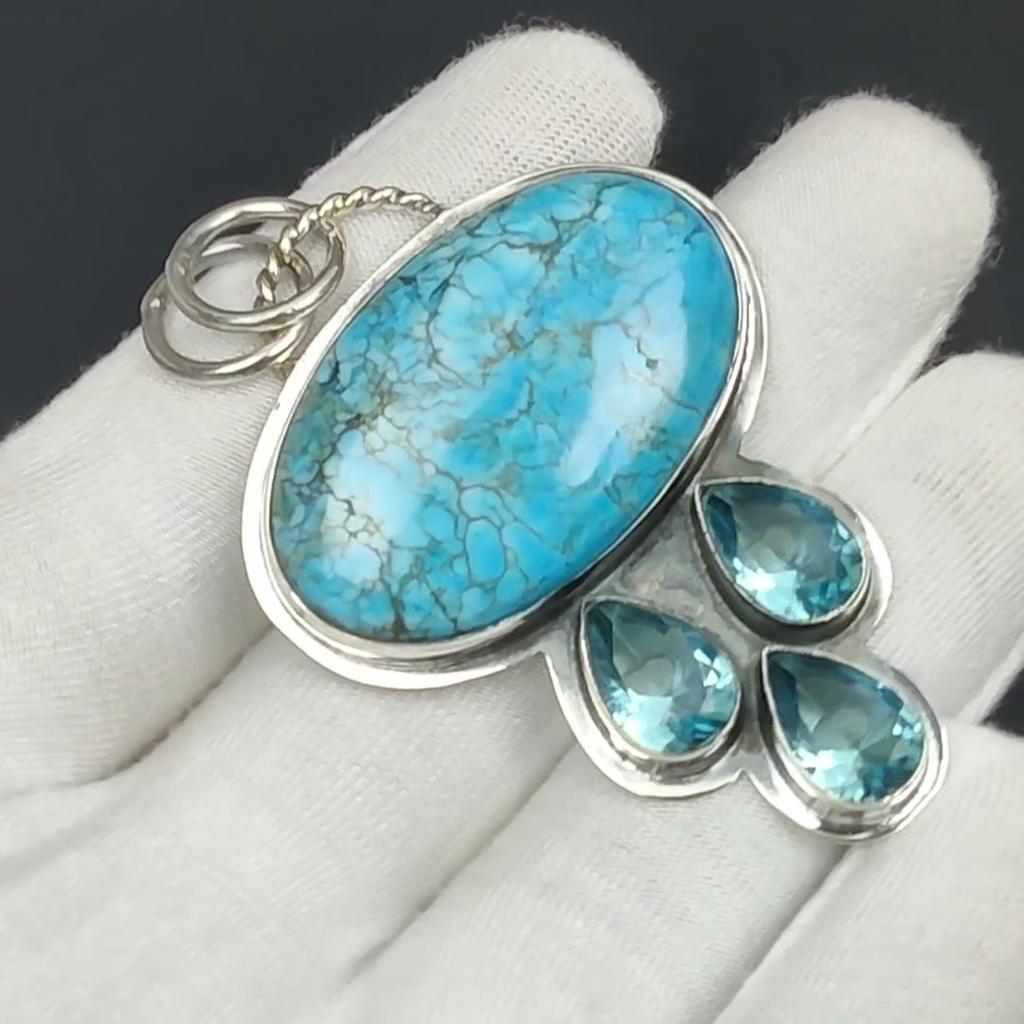 Tibetan Turquoise, Swiss Blue Topaz Gemstone Silver Pendant, 925 Sterling Silver Jewelry Pendant, Natural Turquoise Pendant For Women/ Gifts