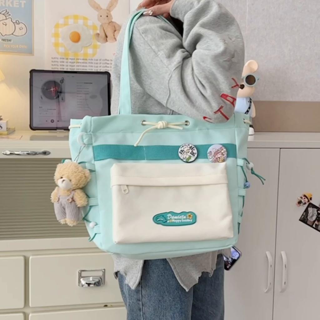 Student Class Shoulder Bag Girls Nylon Bag Color Contrast Large Capacity Tote Bag