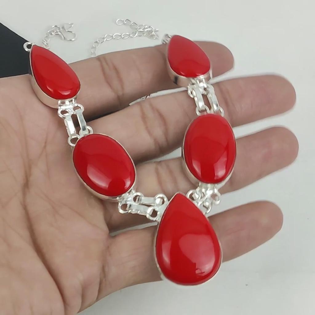Natural Red Coral Gemstone Handmade 925 Sterling Silver Necklace, Red Coral Silver Necklace For Wife, Unisex Necklace Wadding Gift