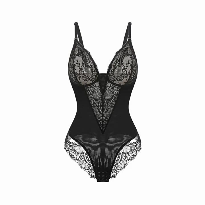Plus Size Women Sexy Lace Underwear Deep V Lingerie Thin Breathable Slimming Shapewear Tummy Control Butt Lifting Bodysuit