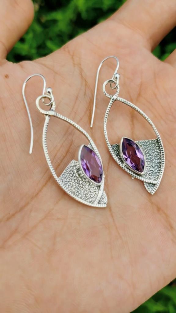 Natural Amethyst Dangle Earrings in Textured 925 Sterling Silver – Handmade Boho Chic Drop Earrings, Dainty Earrings for Women & Girls by ZIVORI