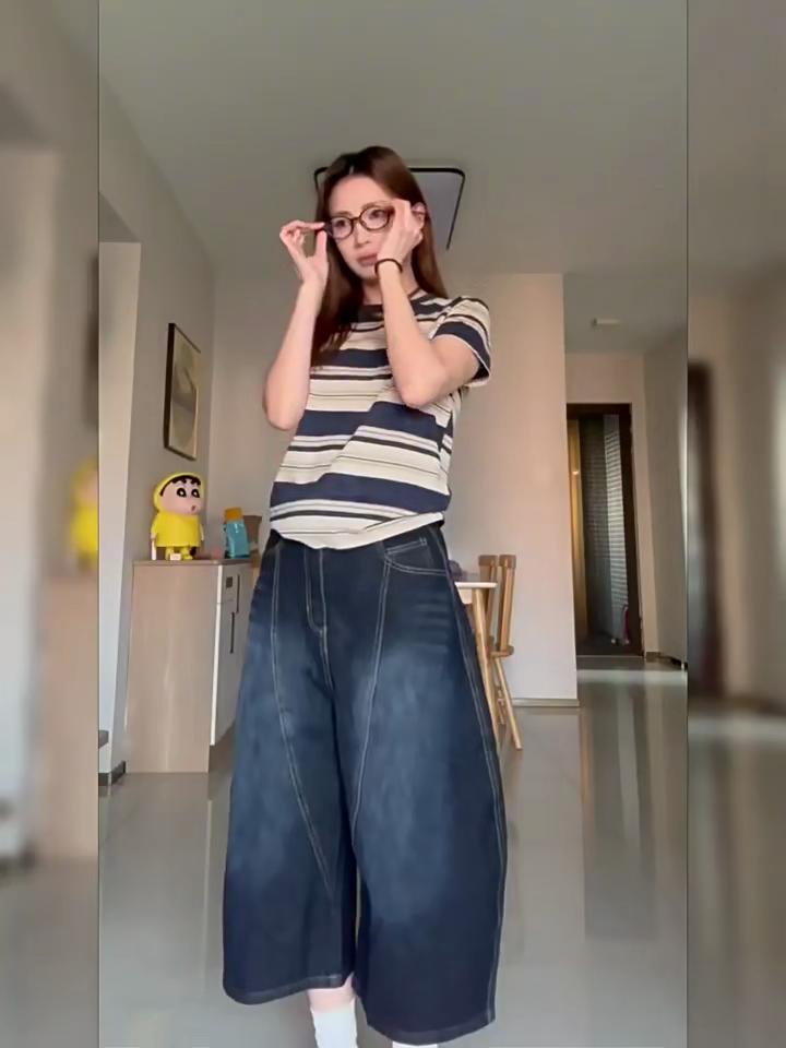 Blue Womens Jeans High Waist Vintage Design Hip Hop Straight Baggy Denim Pants Street Y2K American Style Wide Leg Denim Trouser