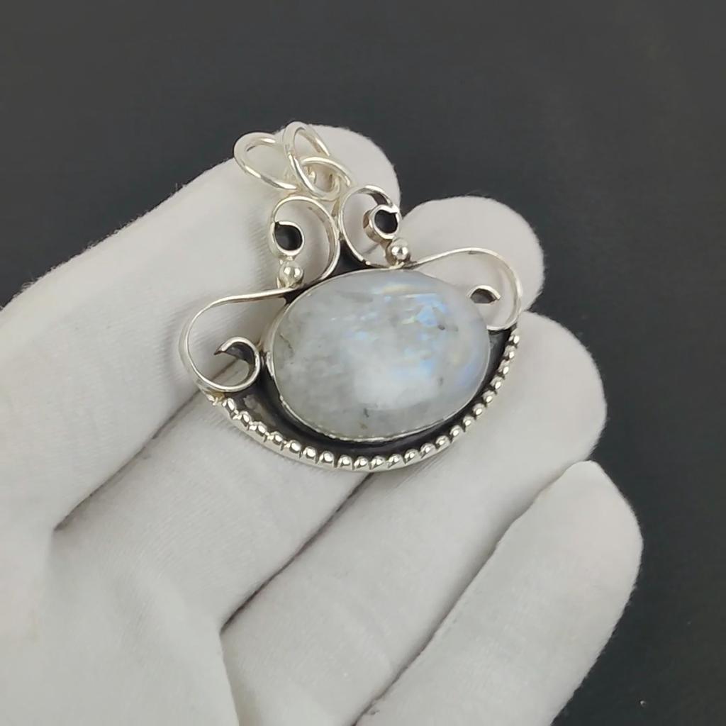 Natural Rainbow Moonstone Silver Pendant In 925 Sterling Silver - Handmade Design, Everyday Wear Jewelry Thanksgiving Gift