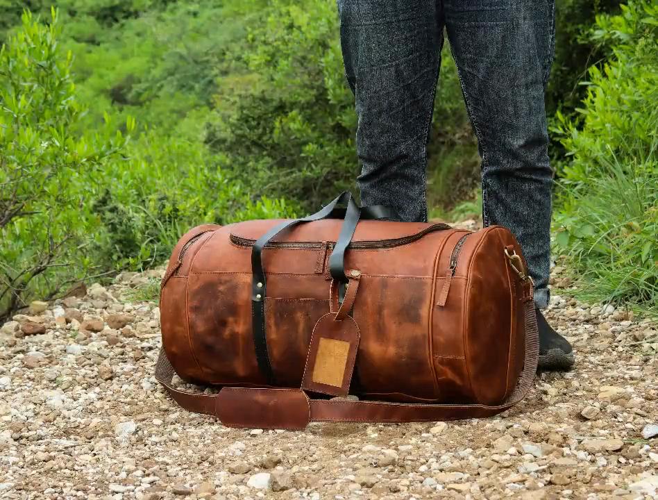 Buffalo Leather Duffle Bag–Handmade Choco Brown Weekender, Gym & Cabin Holdall–Full Grain Overnight Travel Bag-Gift for Men