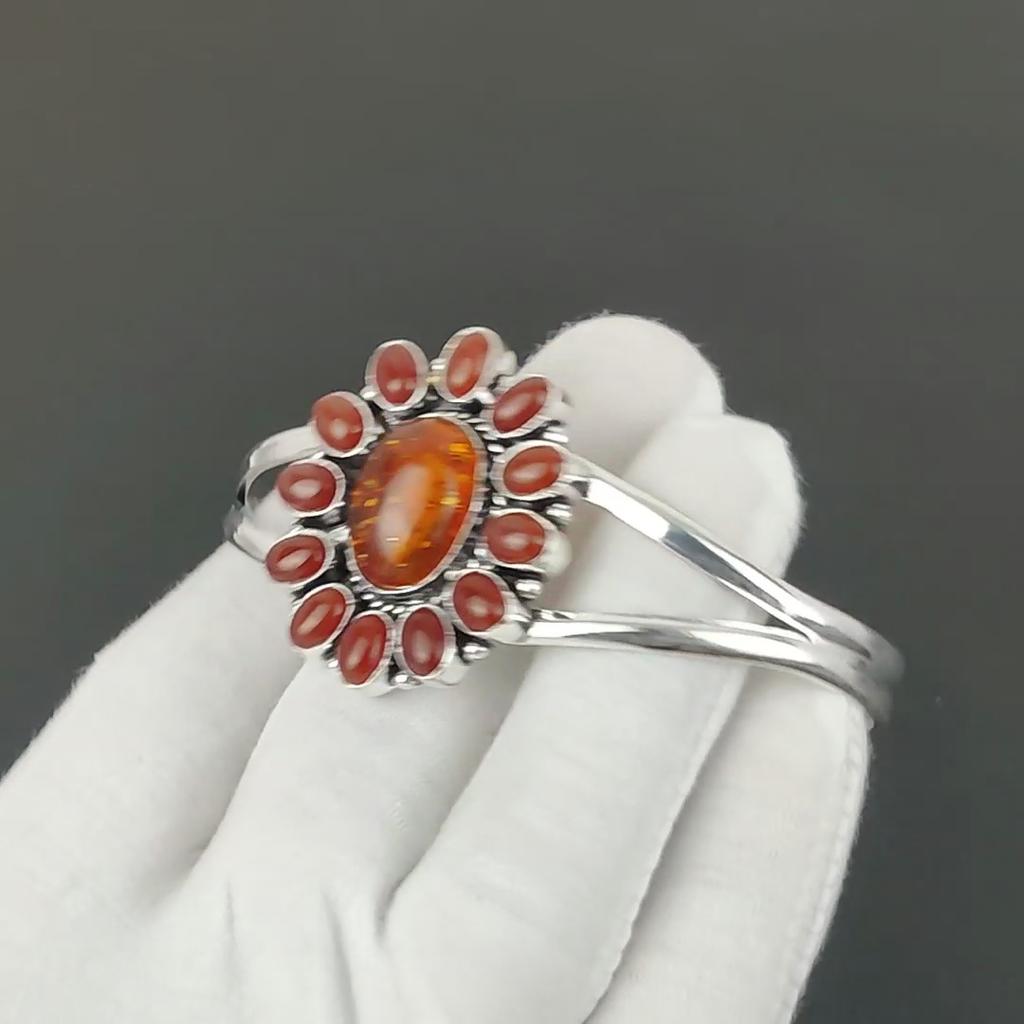 Natural Red Coral Gemstone Handmade Cuff Bangle 925 Sterling Silver Cuff Bangle, Turquoise Flower Shape Bracelet For Wife, Unisex Bangle, Love Gift