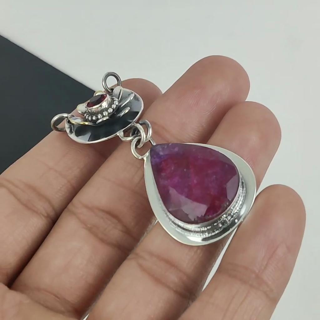 Kashmir Ruby Gemstone Pendant 925 Sterling Silver- Handmade Design, Everyday Wear Jewelry, Unique Red Garnet Pendant Mother's Day Gifts