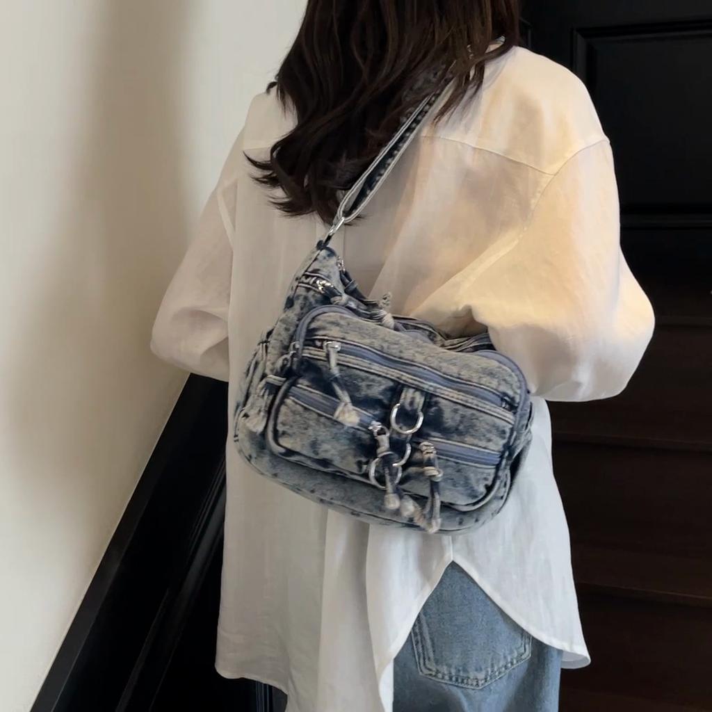 Women Crossbody Bag Vintage Shoulder Bag Multi-Layer Pocket Denim Bag