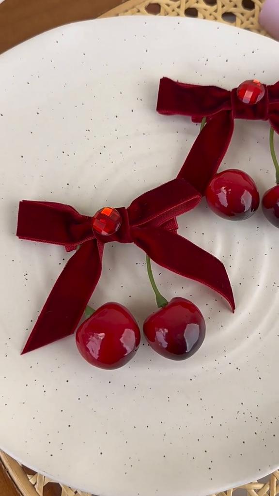 Winter Vibe Red Cherry Bow Velvet Hair Clip Women's Half Tie Hair Clip Headpiece Hair Accessories