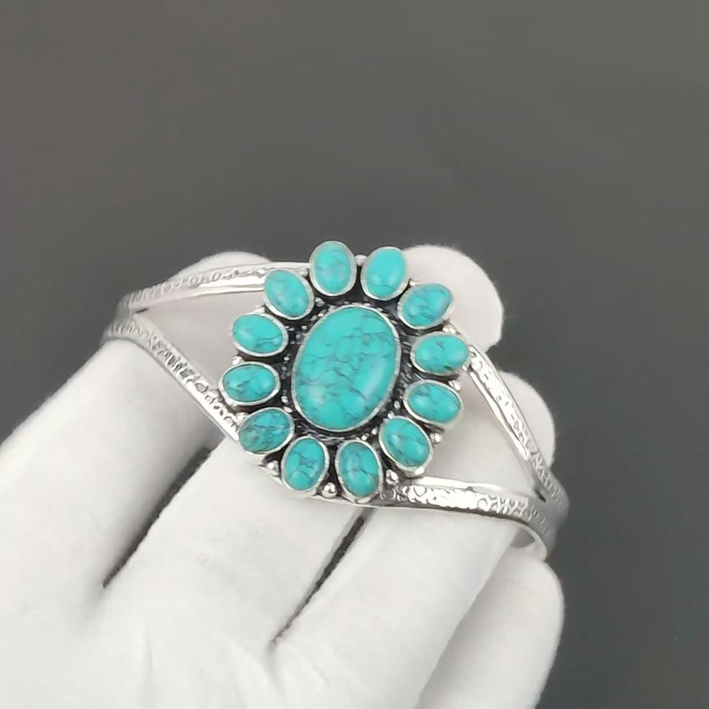 Natural Turquoise Gemstone Handmade Cuff Bangle 925 Sterling Silver Cuff Bangle, Turquoise Flower Shape Bracelet For Wife, Unisex Bangle