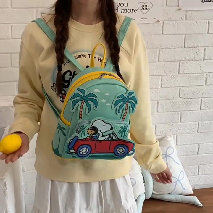 Snoopy Driving A Vehicle Cartoon Pattern Kids Pu Backpack With Zipper Closure For Casual Travel And School Use