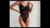 European and American Women’s Sexy Lingerie Sheer Mesh Deep V Push-Up Bodysuit with Double Spaghetti Straps, Solid Color Intimate Wear