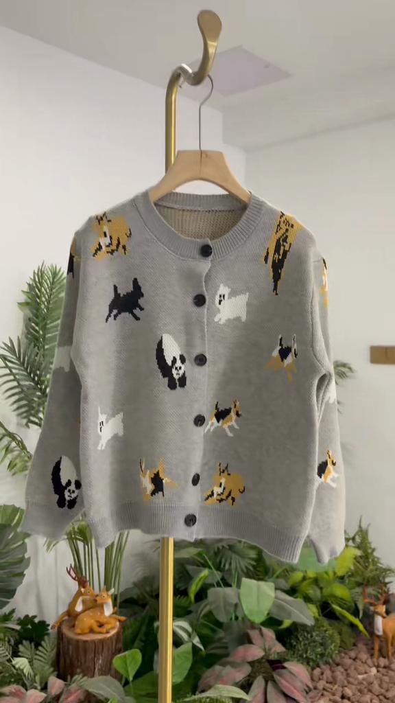 Cute Animal Knitted Cardigan for Lady Korean Autumn Single Breasted O-Neck Gray Color Ladies Sweater Short Versatile Top