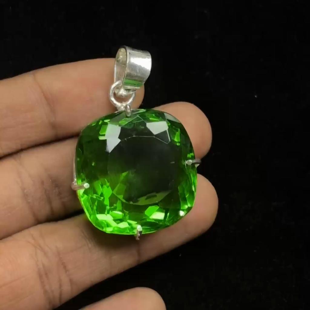 Green Topaz Pendant Natural Cushion 925 Sterling Silver 110.20 Ct Gems CERTIFIED My-347-k