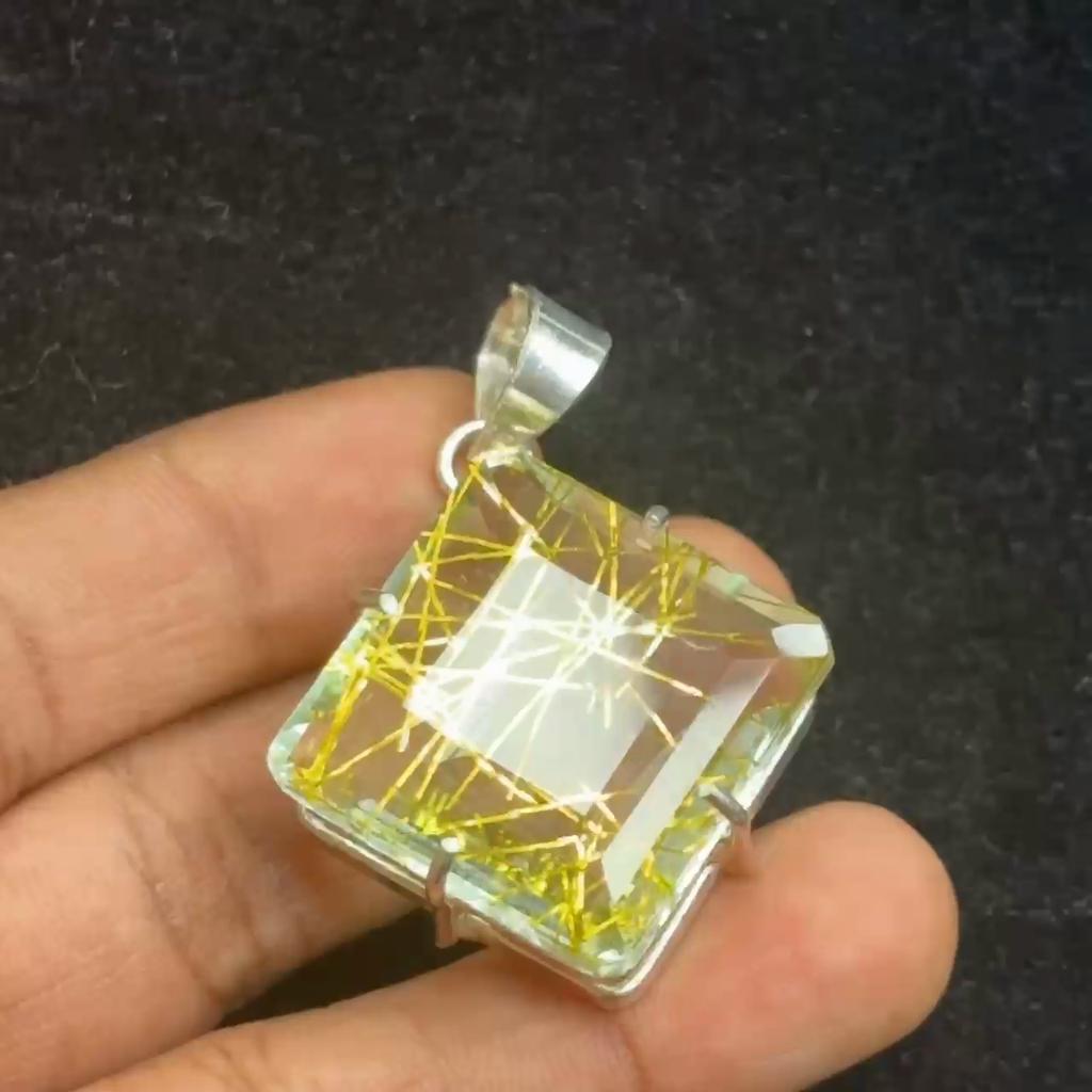 Lab Crated Yellow Rutilated 925 Sterling Silver Pendant 81.20 Ct Gems Certified my-343-k