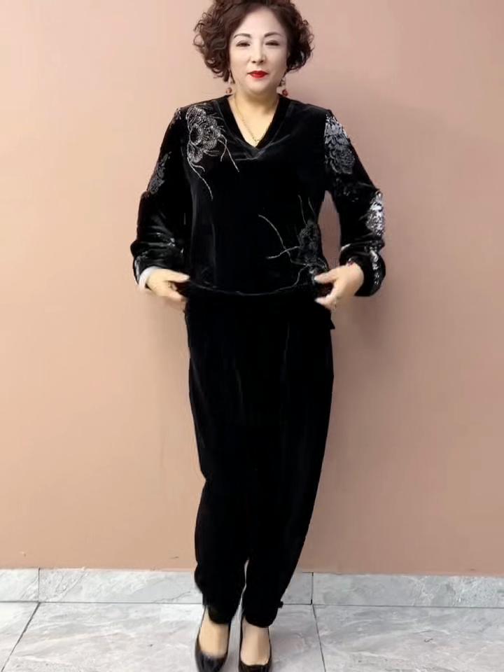 Ensemble Pantalon Automne Femme Broderie Grande Taille Chemisier Velours Taille Haute Pantalon Harem Velours Ensemble Deux Pièces