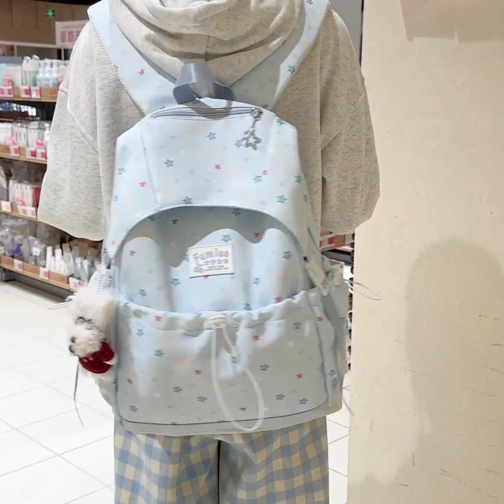 Cute Star Print Nylon Backpack for Women – Fashionable School & Daily Use Bag with Front Drawstring Pocket and Plush Charm